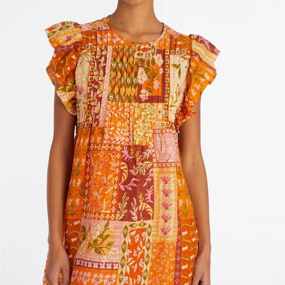 Marie Oliver Orange Patchwork Floral Mini Dress with Pink Accents